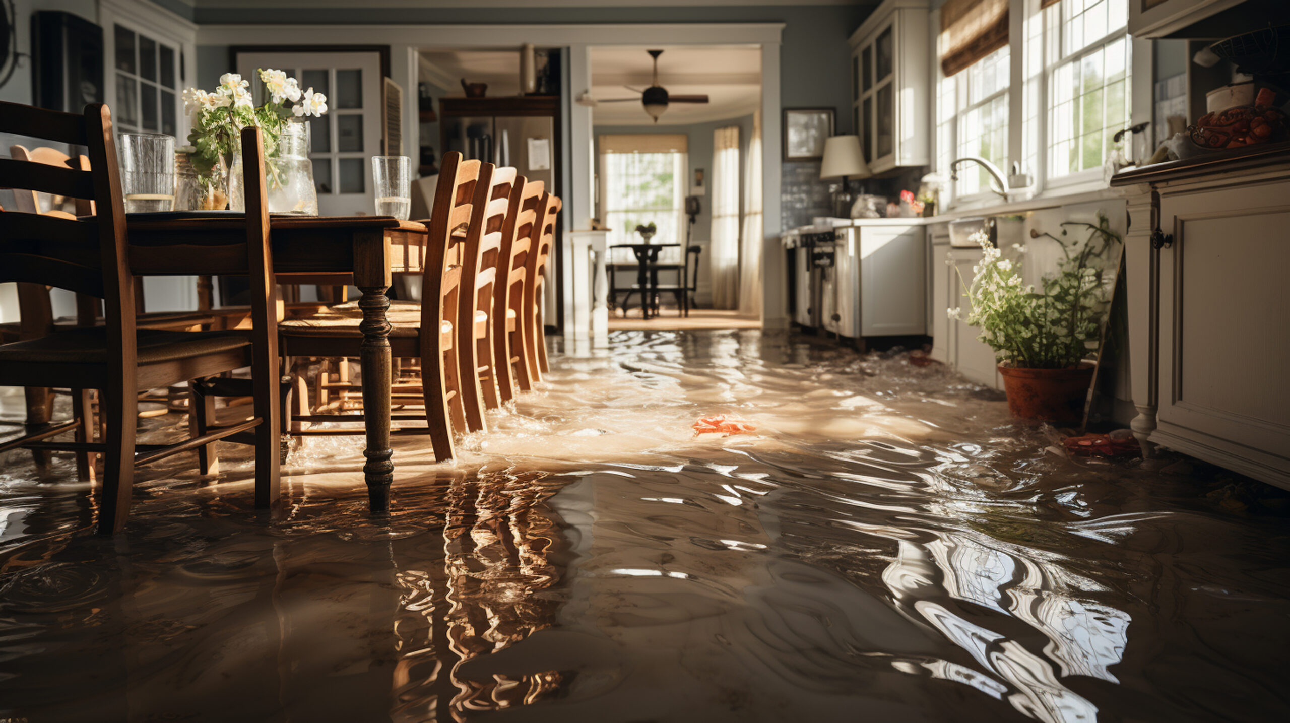 Flooded floor in kitchen from water leak. Generative Ai